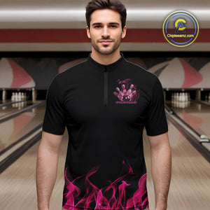 Custom Pink Skull Smoke Bowling Team Men Quarter-Zip Shirts, Halloween Bowling Outfit IPHW9772