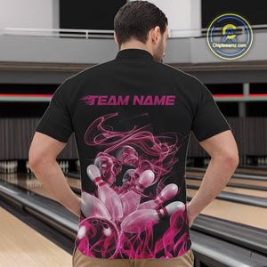 Custom Pink Skull Smoke Bowling Team Men Quarter-Zip Shirts, Halloween Bowling Outfit IPHW9772