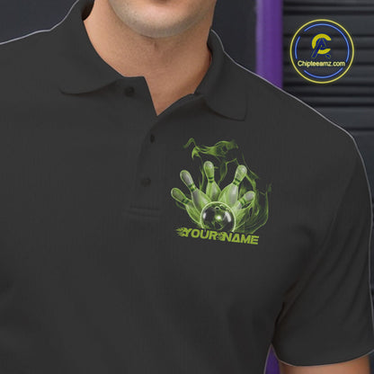 Custom Green Skull Smoke Bowling Team Men Polo Shirts, Halloween Bowling Outfit IPHW9773