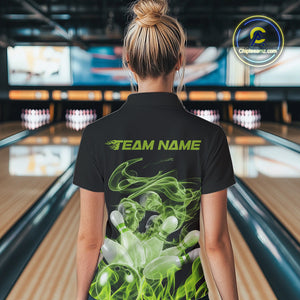 Custom Green Skull Smoke Bowling Team Women Quarter-Zip Shirts, Halloween Bowling Outfit IPHW9773