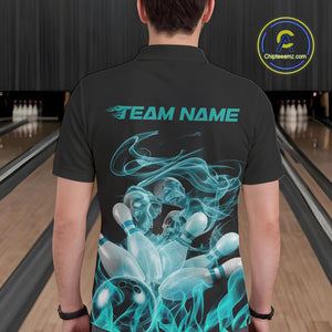 Custom Turquoise Blue Skull Smoke Bowling Team Men Polo Shirts, Halloween Bowling Outfit IPHW9774