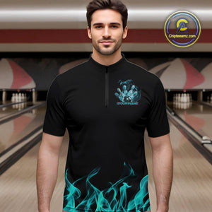 Custom Turquoise Blue Skull Smoke Bowling Team Men Quarter-Zip Shirts, Halloween Bowling Outfit IPHW9774