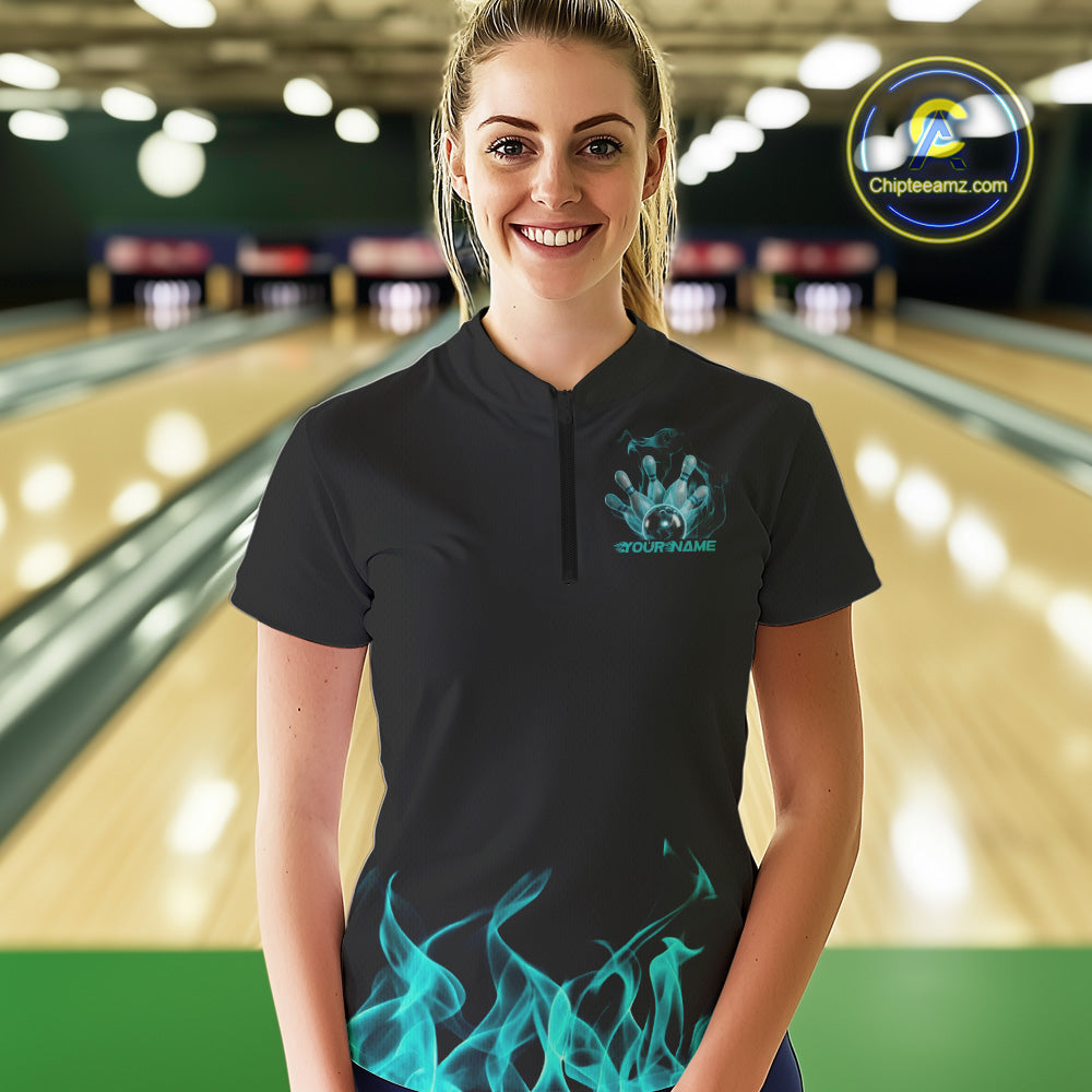 Custom Turquoise Blue Skull Smoke Bowling Women Quarter-Zip Shirts, Halloween Outfit IPHW9774