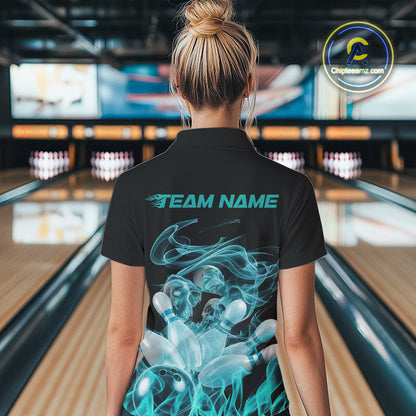 Custom Turquoise Blue Skull Smoke Bowling Women Quarter-Zip Shirts, Halloween Outfit IPHW9774