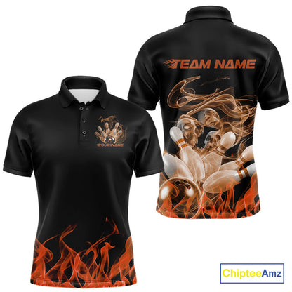 Custom Orange Skull Smoke Bowling Team Men Polo Shirts, Halloween Bowling Outfit IPHW9775