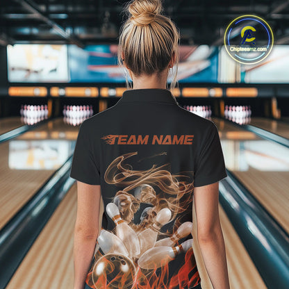 Custom Orange Skull Smoke Bowling Team Women Quarter-Zip Shirts, Halloween Bowling Outfit IPHW9775