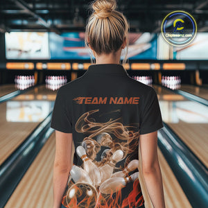Custom Orange Skull Smoke Bowling Team Women Quarter-Zip Shirts, Halloween Bowling Outfit IPHW9775