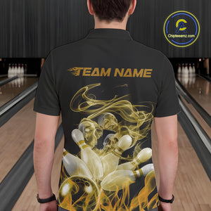 Custom Yellow Skull Smoke Bowling Team Men Polo Shirts, Halloween Bowling Outfit IPHW9776