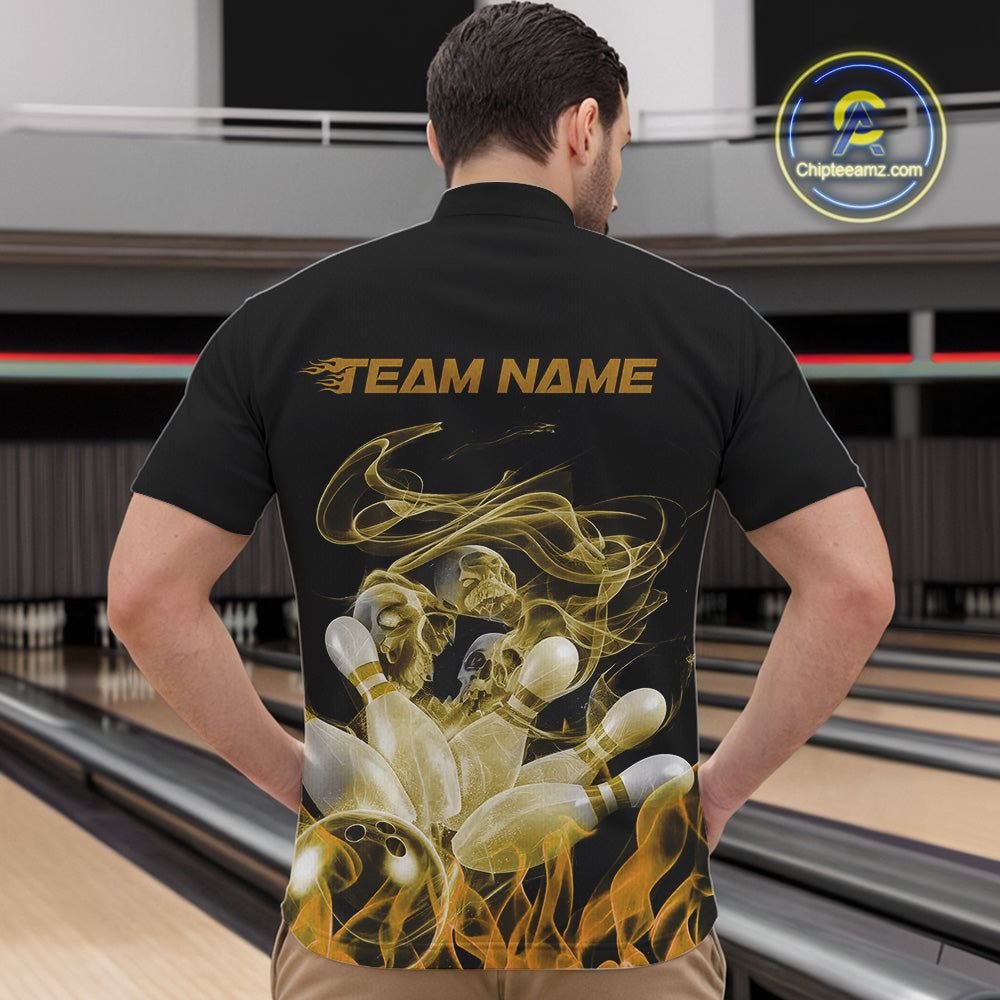 Custom Yellow Skull Smoke Bowling Team Men Quarter-Zip Shirts, Halloween Bowling Outfit IPHW9776
