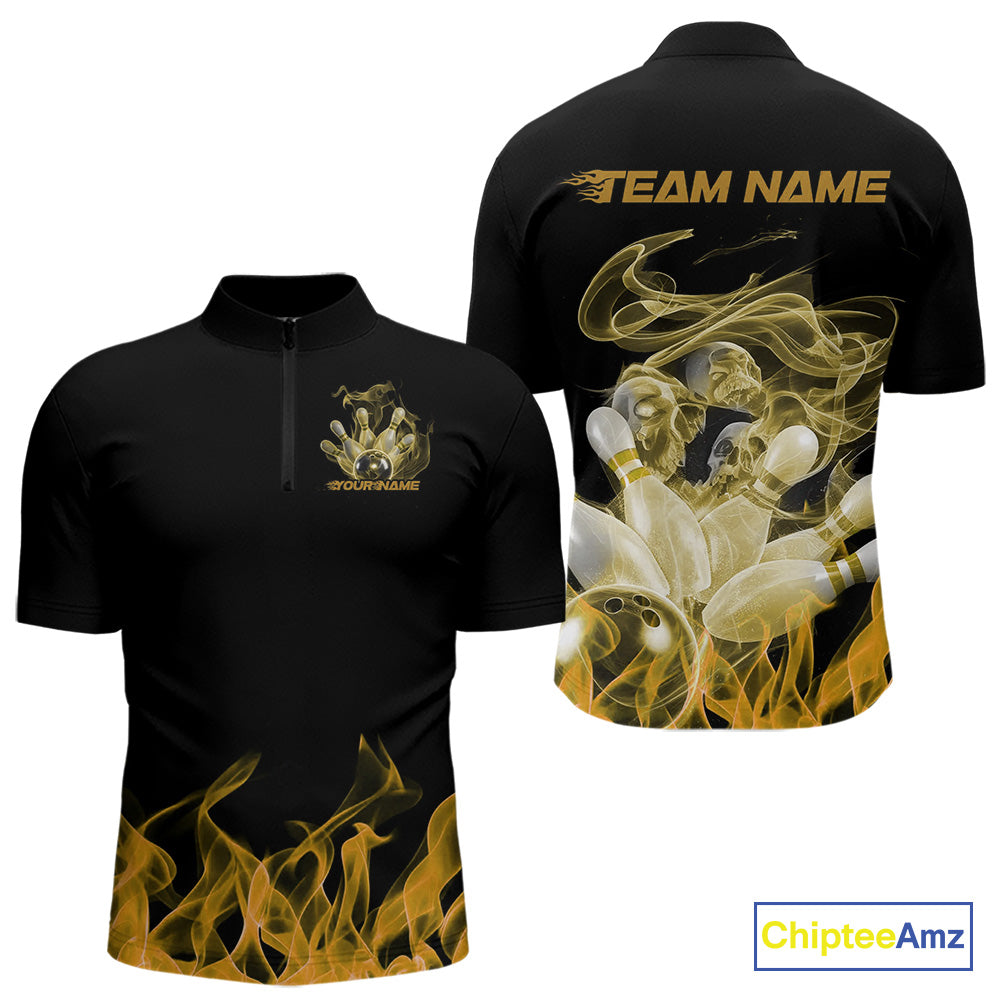 Custom Yellow Skull Smoke Bowling Team Men Quarter-Zip Shirts, Halloween Bowling Outfit IPHW9776