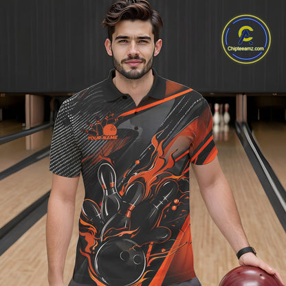 Custom Black And Orange Flame Bowling Team Men Polo Shirts, Fire Bowling Jerseys IPHW9780
