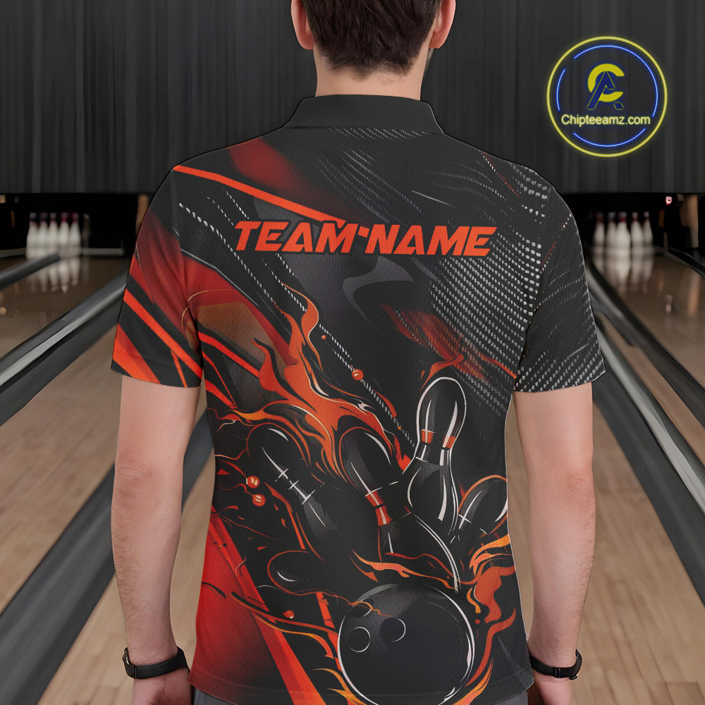 Custom Black And Orange Flame Bowling Team Men Polo Shirts, Fire Bowling Jerseys IPHW9780