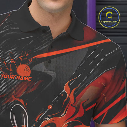 Custom Black And Orange Flame Bowling Team Men Polo Shirts, Fire Bowling Jerseys IPHW9780