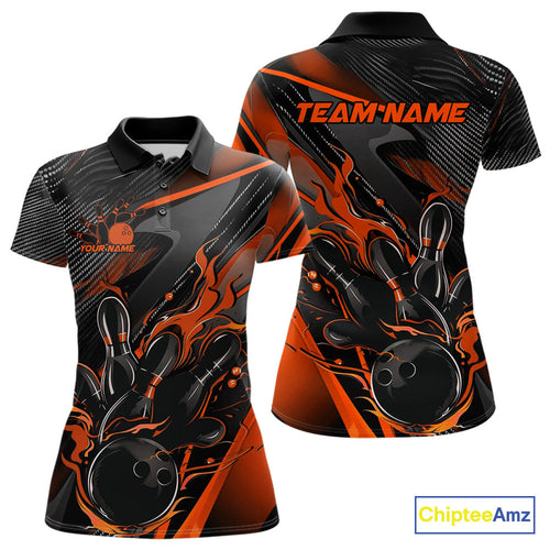 Custom Black And Orange Flame Bowling Team Women Polo Shirts, Fire Bowling Jerseys IPHW9780