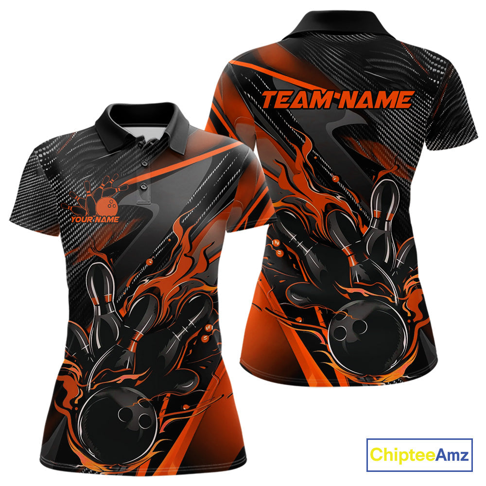 Custom Black And Orange Flame Bowling Team Women Polo Shirts, Fire Bowling Jerseys IPHW9780