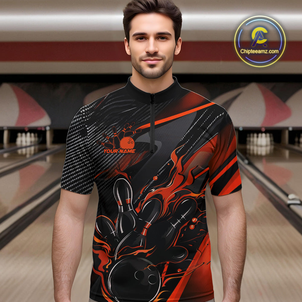 Custom Black And Orange Flame Bowling Team Men Quarter-Zip Shirts, Fire Bowling Jerseys IPHW9780