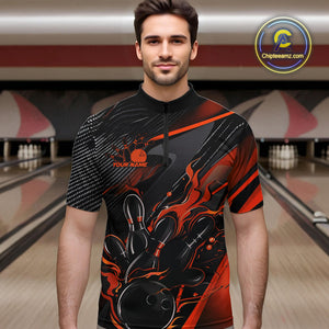 Custom Black And Orange Flame Bowling Team Men Quarter-Zip Shirts, Fire Bowling Jerseys IPHW9780