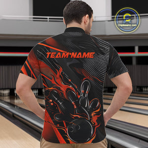 Custom Black And Orange Flame Bowling Team Men Quarter-Zip Shirts, Fire Bowling Jerseys IPHW9780