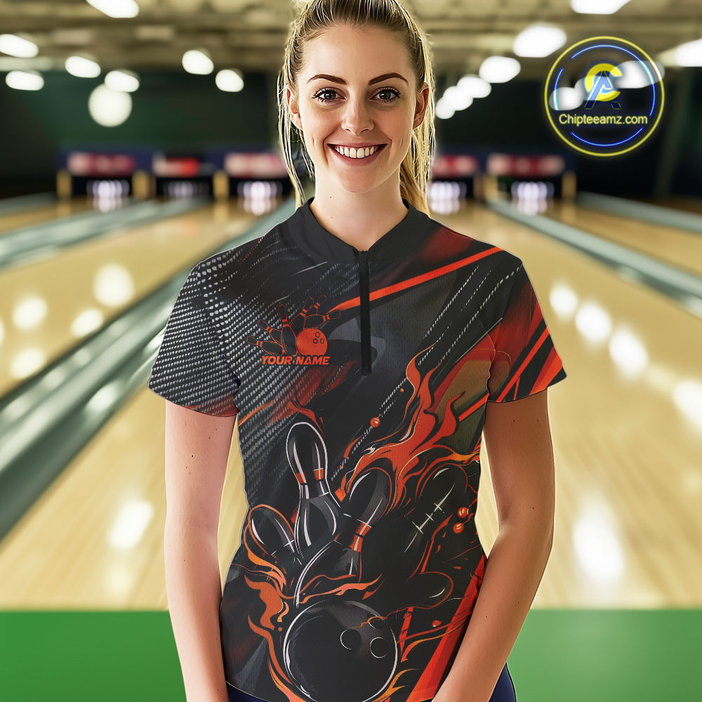 Custom Black And Orange Flame Bowling Team Women Quarter-Zip Shirts, Fire Bowling Jerseys IPHW9780