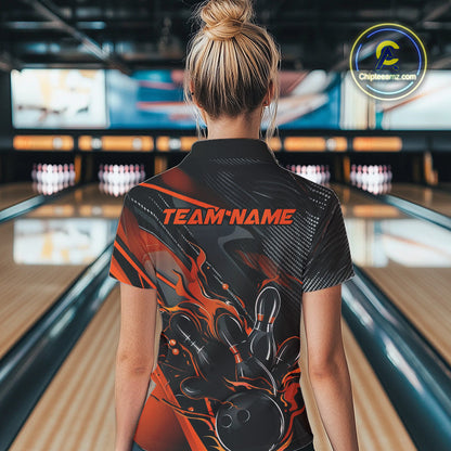 Custom Black And Orange Flame Bowling Team Women Quarter-Zip Shirts, Fire Bowling Jerseys IPHW9780