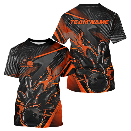 Custom Black And Orange Flame Bowling Team Men T-Shirts Shirts, Fire Bowling Jerseys IPHW9780