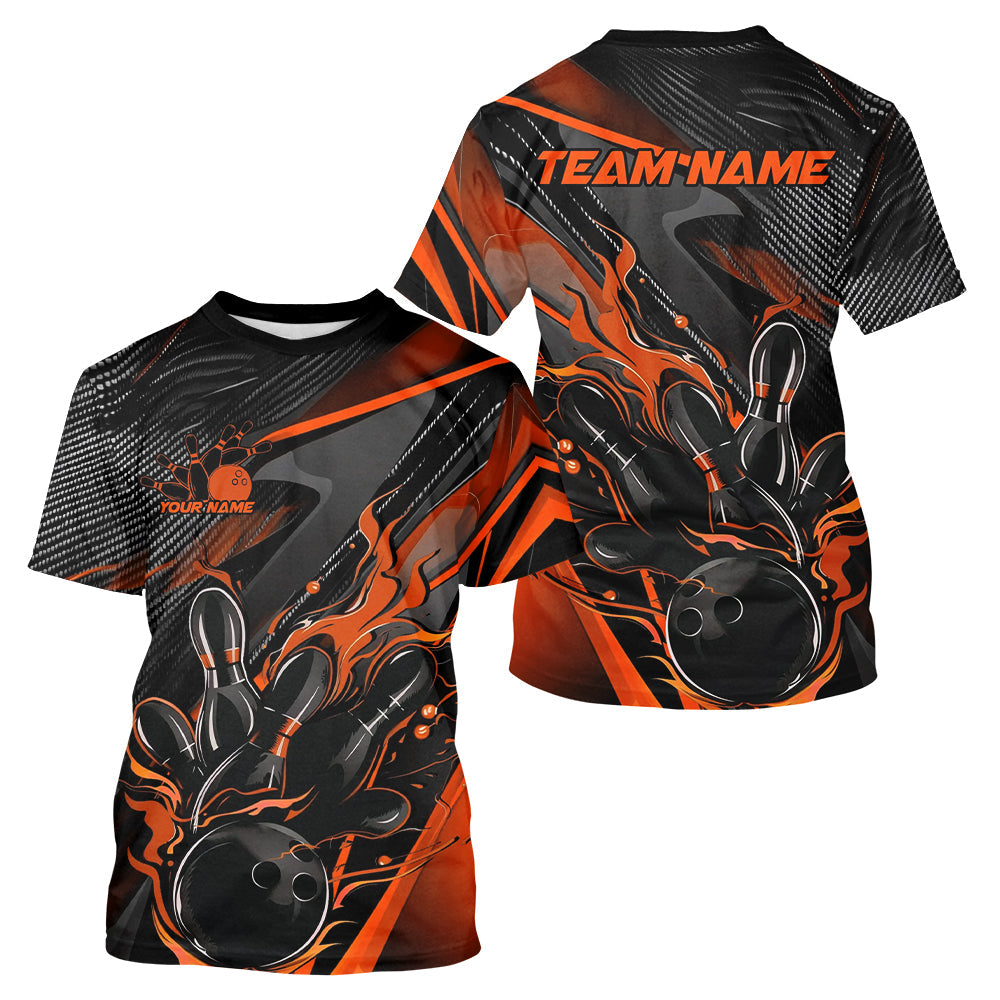 Custom Black And Orange Flame Bowling Team Men T-Shirts Shirts, Fire Bowling Jerseys IPHW9780