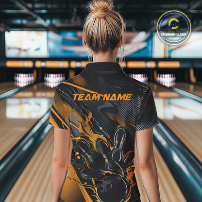 Custom Black And Yellow Flame Bowling Team Women Polo Shirts, Fire Bowling Jerseys IPHW9781
