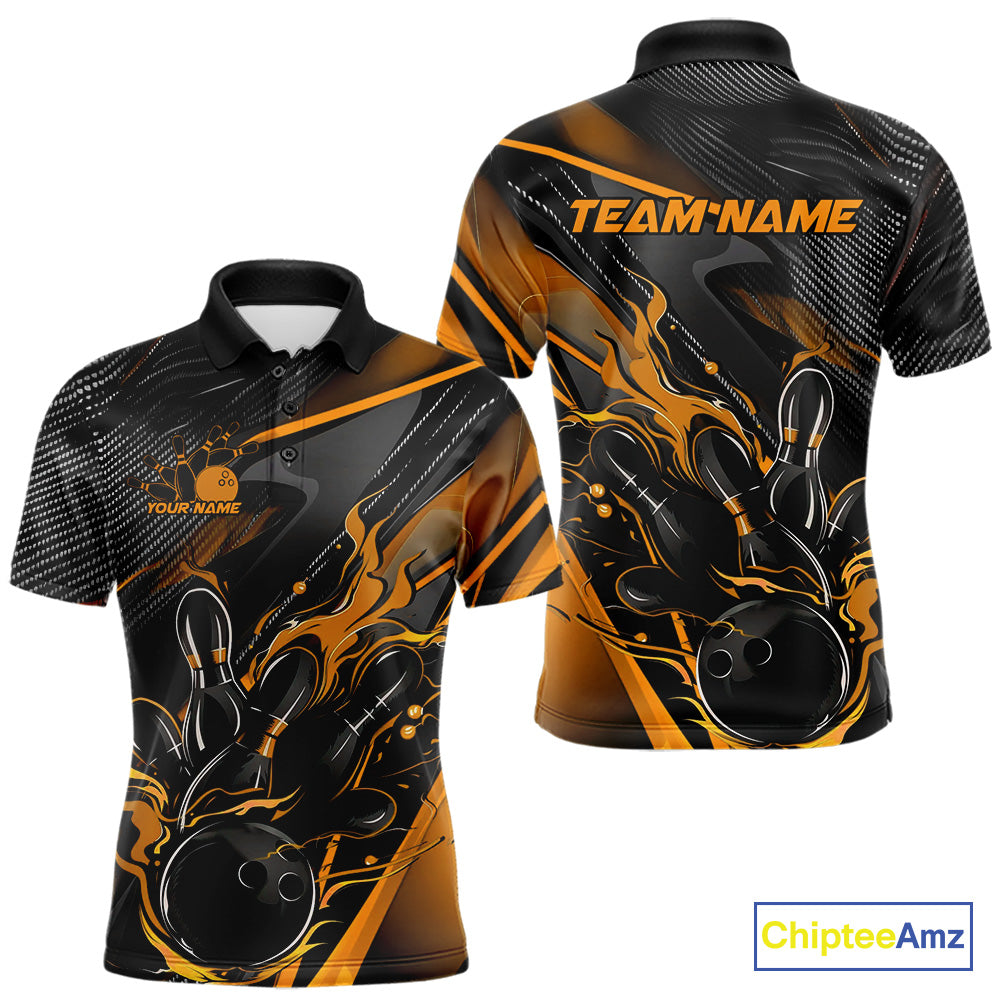 Custom Black And Yellow Flame Bowling Team Men Polo Shirts, Fire Bowling Jerseys IPHW9781