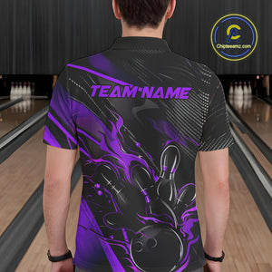 Custom Black And Purple Flame Bowling Team Men Polo Shirts, Fire Bowling Jerseys IPHW9782