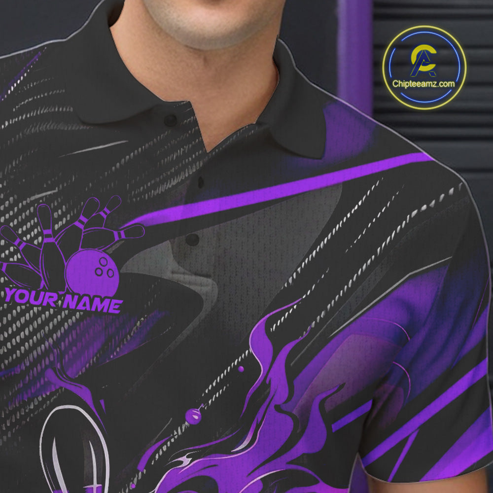 Custom Black And Purple Flame Bowling Team Men Polo Shirts, Fire Bowling Jerseys IPHW9782