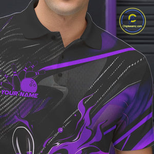 Custom Black And Purple Flame Bowling Team Men Polo Shirts, Fire Bowling Jerseys IPHW9782