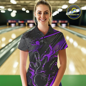 Custom Black And Purple Flame Bowling Team Women Polo Shirts, Fire Bowling Jerseys IPHW9782