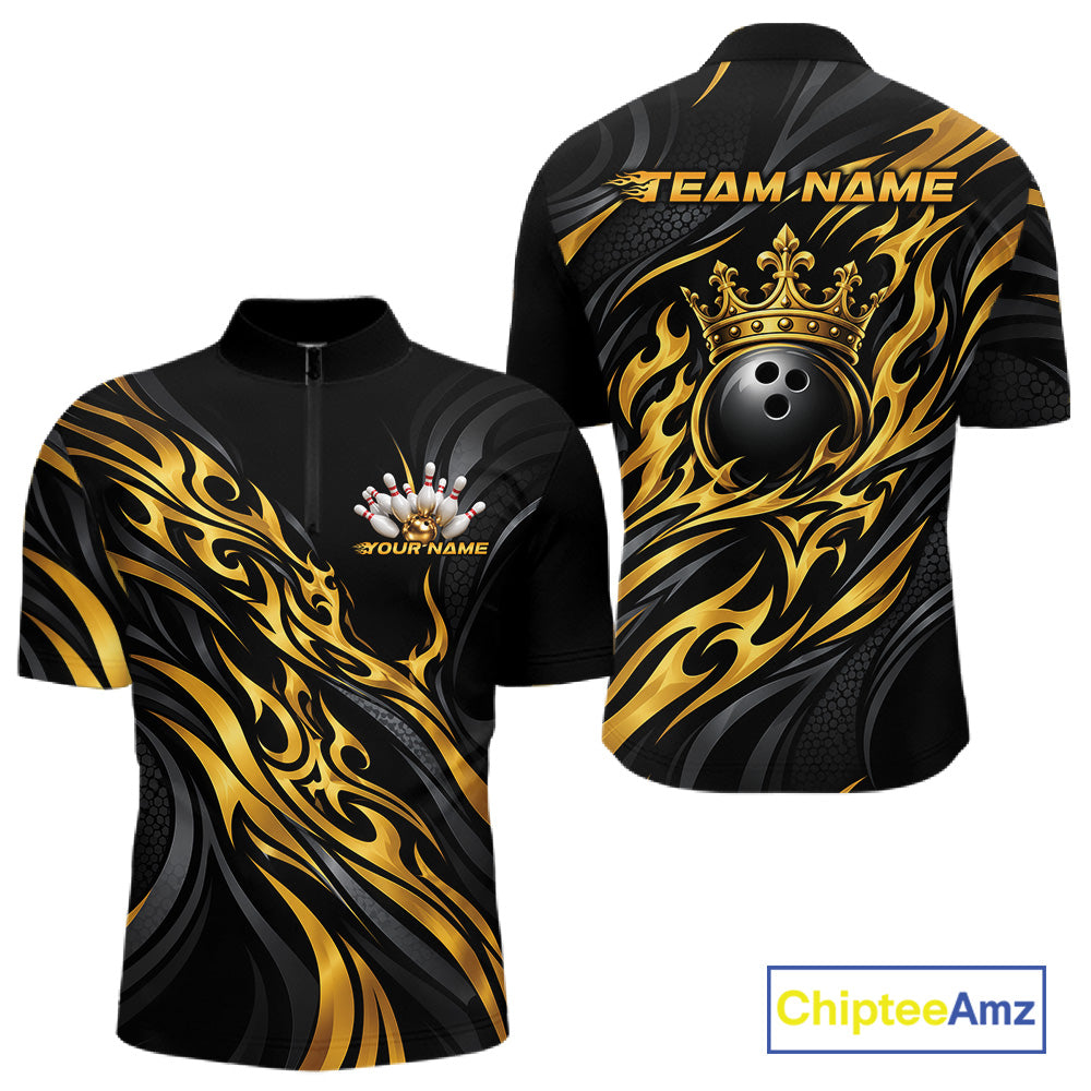 Black And Gold Tribal Custom Crown Bowling Team Men Quarter Zip Shirt, Bowler Gift IPHW12280