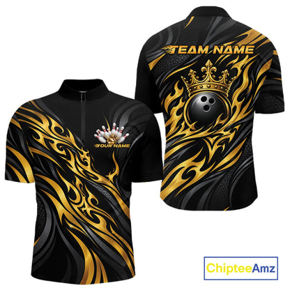 Black And Gold Tribal Custom Crown Bowling Team Men Quarter Zip Shirt, Bowler Gift IPHW12280
