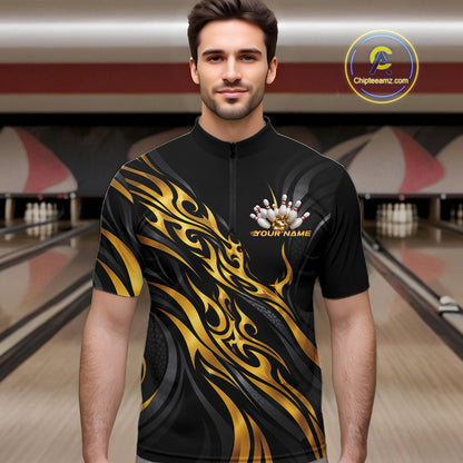 Black And Gold Tribal Custom Crown Bowling Team Men Quarter Zip Shirt, Bowler Gift IPHW12280