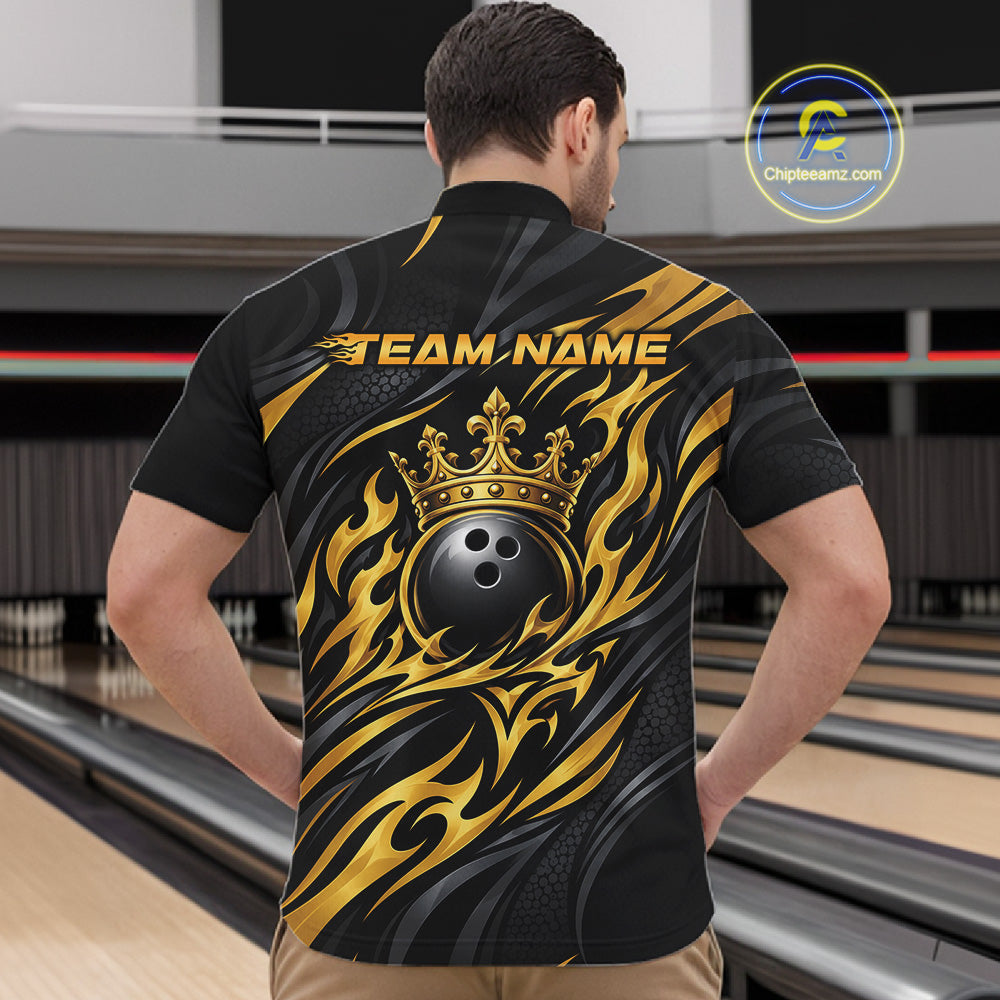 Black And Gold Tribal Custom Crown Bowling Team Men Quarter Zip Shirt, Bowler Gift IPHW12280