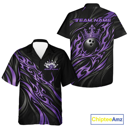 Black And Purple Tribal Custom Crown Bowling Team Men And Women Button Up Shirt, Bowler Gift IPHW12281