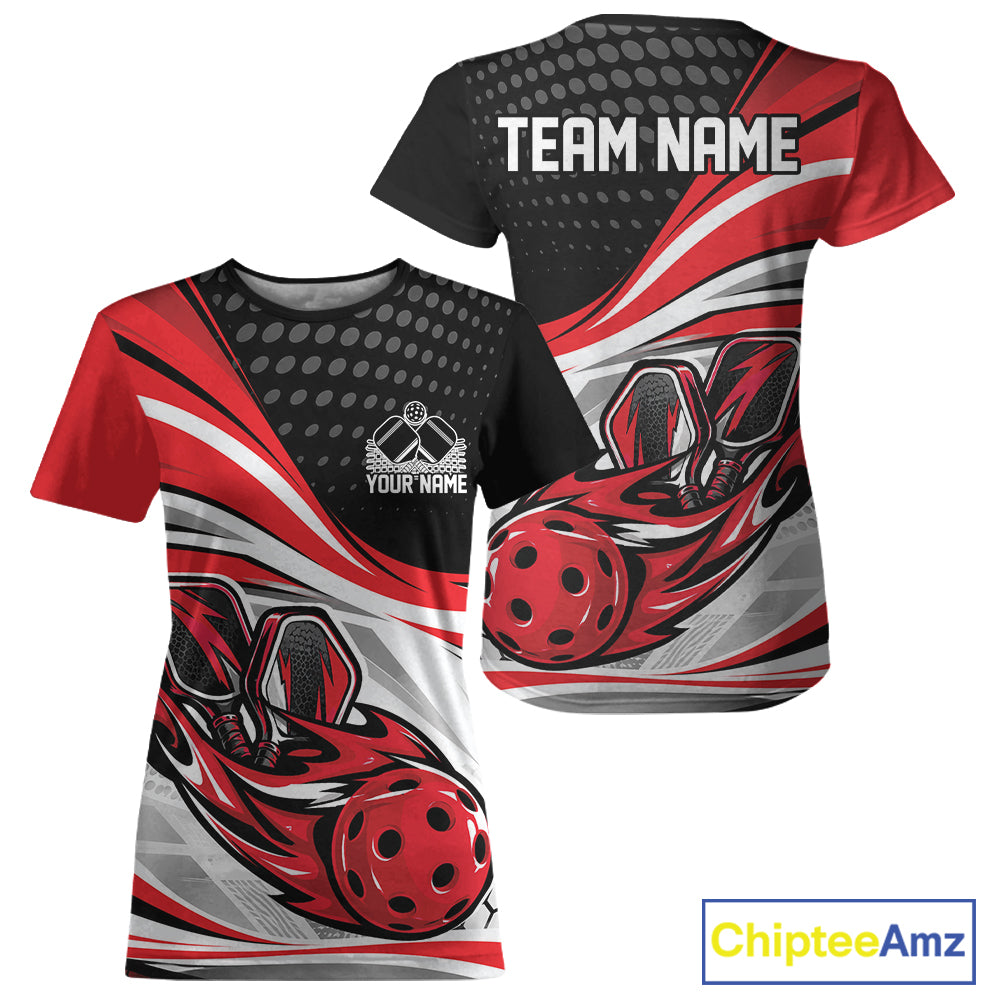Custom Red Flame Pickleball Team Women T-Shirts, Pickleball Tournament Uniform Jersey IPHW12750