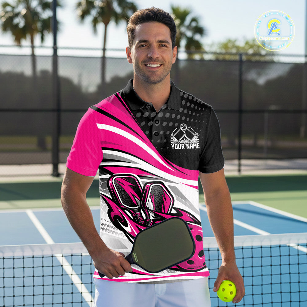 Custom Pink Flame Pickleball Team Men Polo Shirt, Pickleball Tournament Uniform Jersey IPHW12751