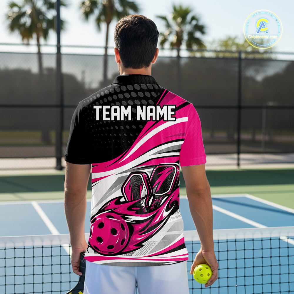 Custom Pink Flame Pickleball Team Men Polo Shirt, Pickleball Tournament Uniform Jersey IPHW12751
