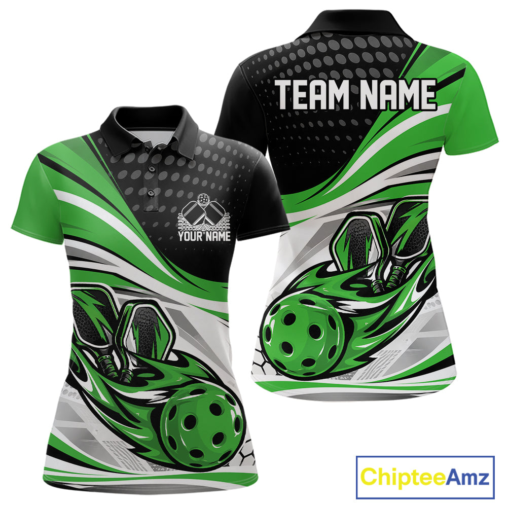 Custom Green Flame Pickleball Team Women Polo Shirt, Pickleball Tournament Uniform Jersey IPHW12753
