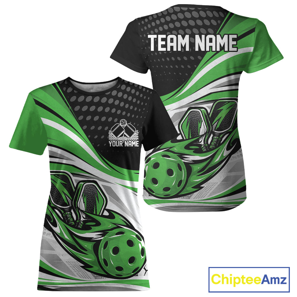 Custom Green Flame Pickleball Team Women T-Shirts, Pickleball Tournament Uniform Jersey IPHW12753