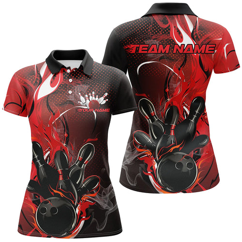 Black And Red Custom Flame Bowling Polo Shirts For Women, Fire Bowling Team Shirt IPHW8236