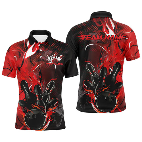 Black And Red Custom Flame Bowling Polo Shirts For Men, Fire Bowling Team Shirt IPHW8236