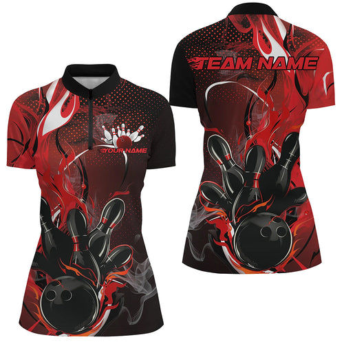 Black And Red Custom Flame Bowling Quarter-Zip Shirts For Women, Fire Bowling Team Shirt IPHW8236