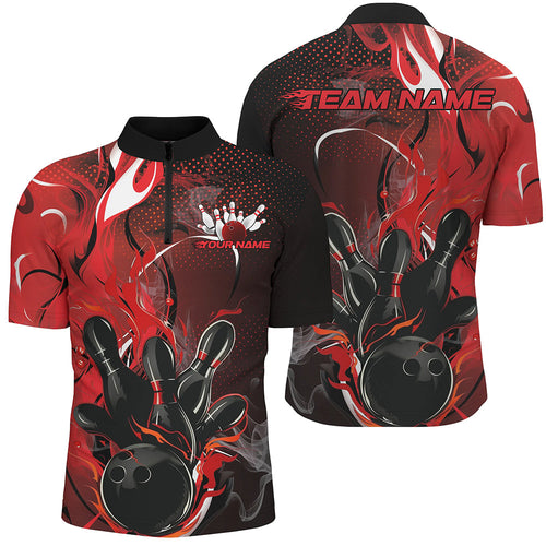 Black And Red Custom Flame Bowling Quarter-Zip Shirts For Men, Fire Bowling Team Shirt IPHW8236