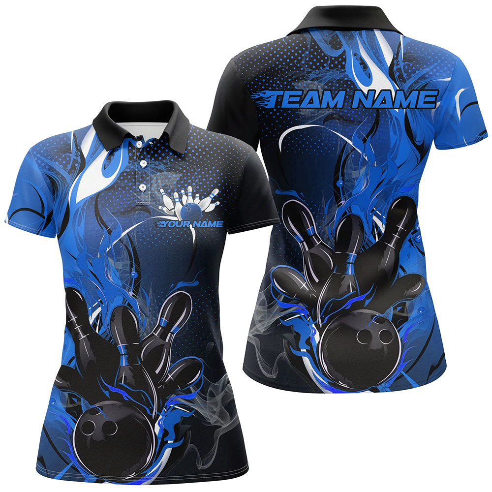Black And Blue Custom Flame Bowling Polo Shirts For Women, Fire Bowling Team Shirt IPHW8237