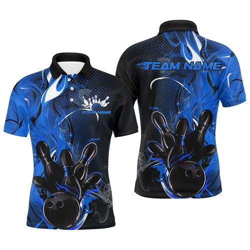 Black And Blue Custom Flame Bowling Polo Shirts For Men, Fire Bowling Team Shirt IPHW8237