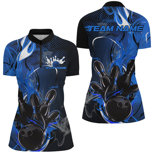 Black And Blue Custom Flame Bowling Quarter-Zip Shirts For Women, Fire Bowling Team Shirt IPHW8237