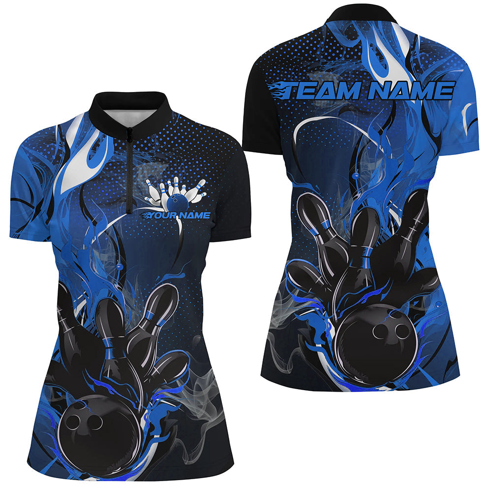 Black And Blue Custom Flame Bowling Quarter-Zip Shirts For Women, Fire Bowling Team Shirt IPHW8237